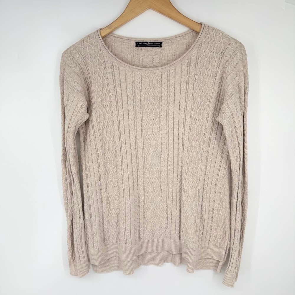 Peruvian Connection Cable Knit Pima Cotton Roll Neck Sweater Sz S Beige Neutral